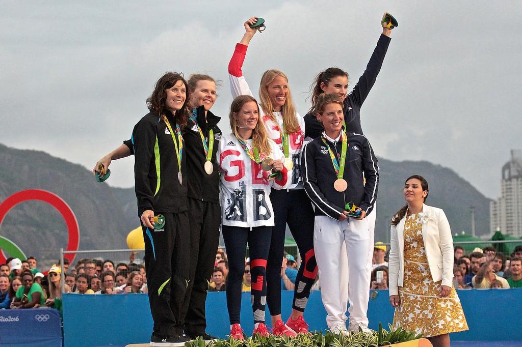 Womens 470 Medalists - NZL, GBR and FRA - Womens 470 Medal presentation - 2016 Olympic regatta &copy; Richard Gladwell www.photosport.co.nz